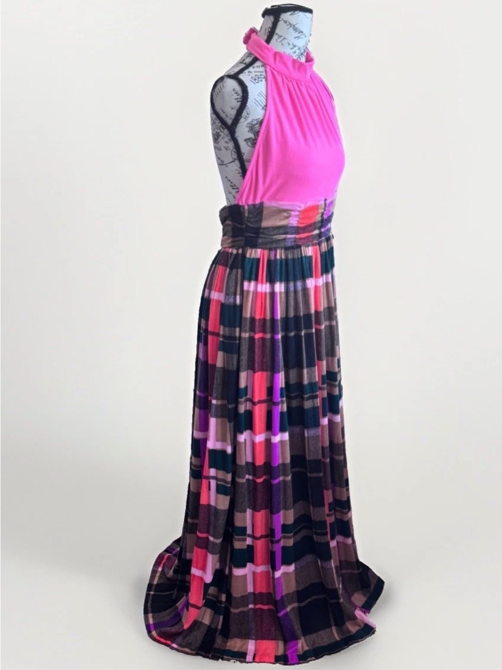 Vintage 70s Joseph Magnin Young Miss Modern Halter Maxi Dress Psychedelic Plaid